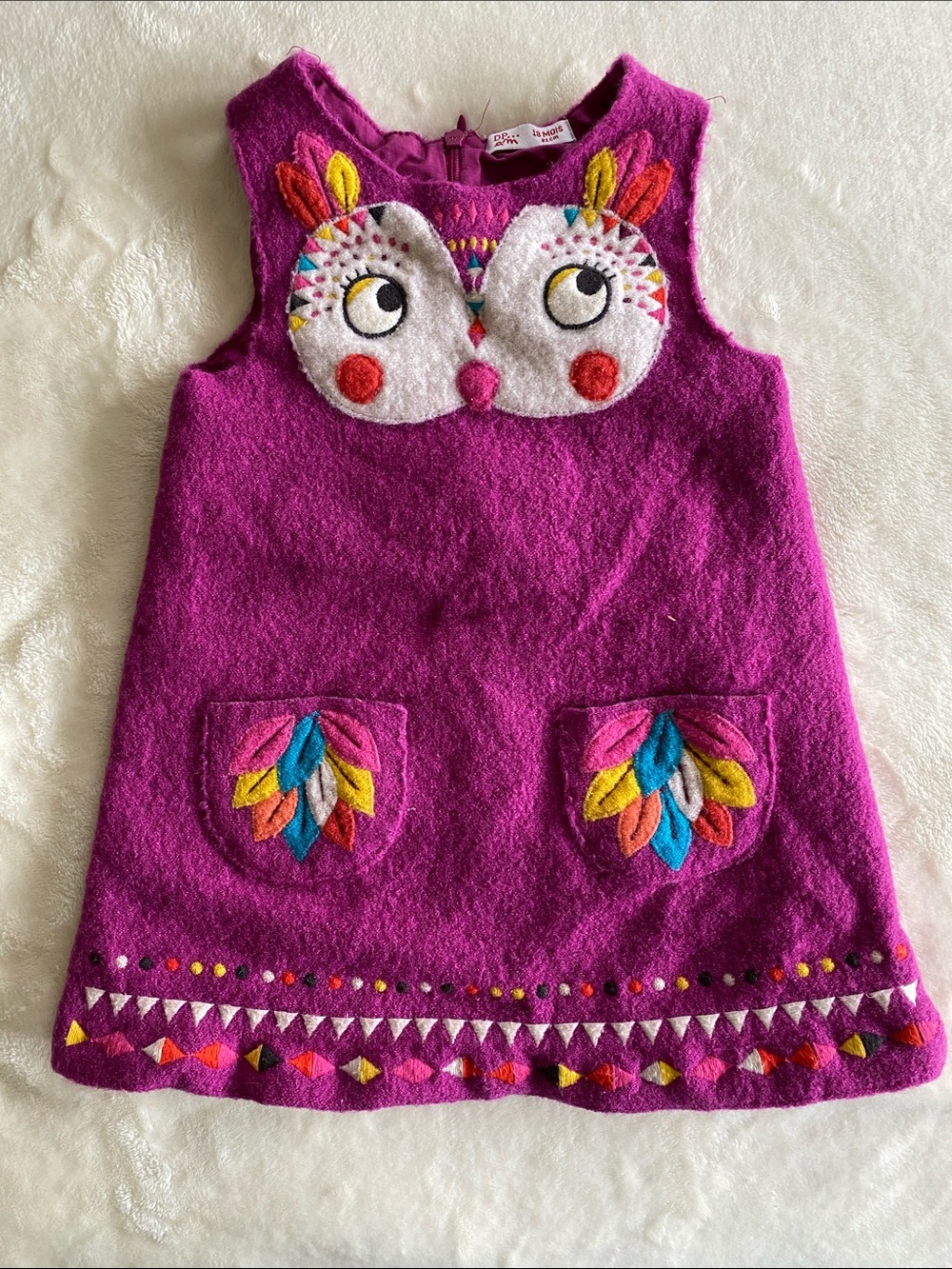 Vintage Boiled wool Girls' Magenta Wool Owl Appliqué Dress